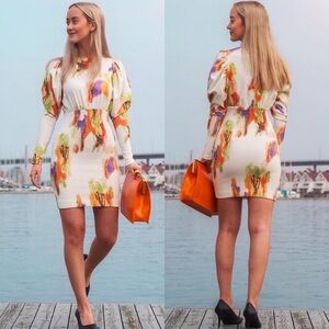 New‎ Rotate Birger Christensen Doris Shirred Floral Print Ribbed Mini Dress 6